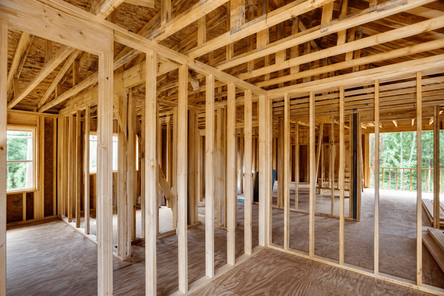Residential wood framing with stud walls and joists